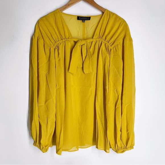 Eloquii Tunnel Detail Chiffon Blouse Sheer Long Sleeve Tie Neck Top Ruched - Picture 2 of 5